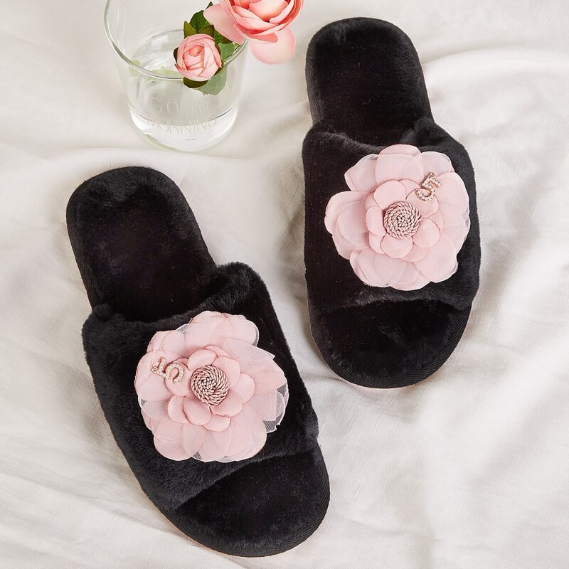 

Applique Decor Open Toe Fluffy Slippers, Black