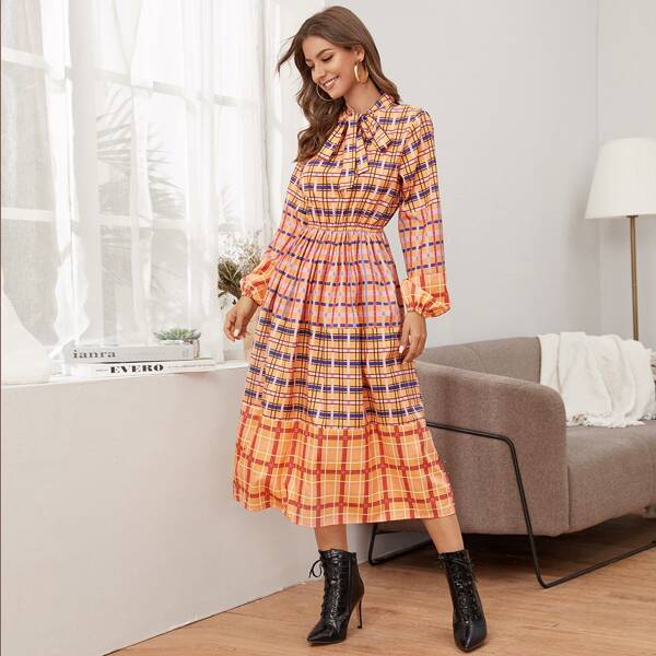 

Cut And Sew Plaid Tie Neck Dress, Multicolor