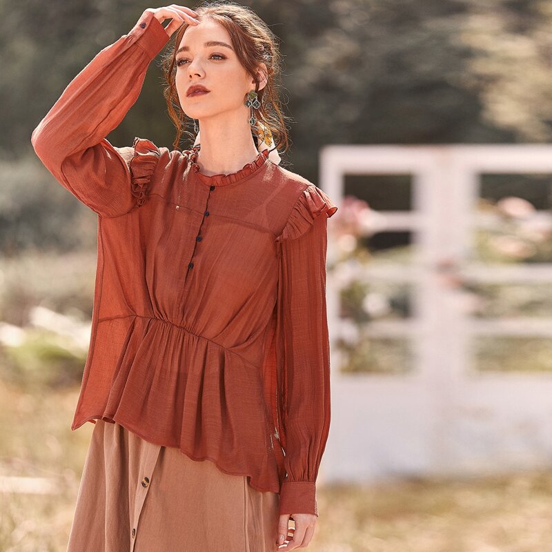 

Button Front Ruffle Trim Frill Blouse, Red