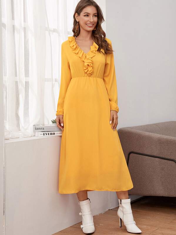 Solid Ruffle Trim V-Neck Chiffon Dress, Yellow, Debi