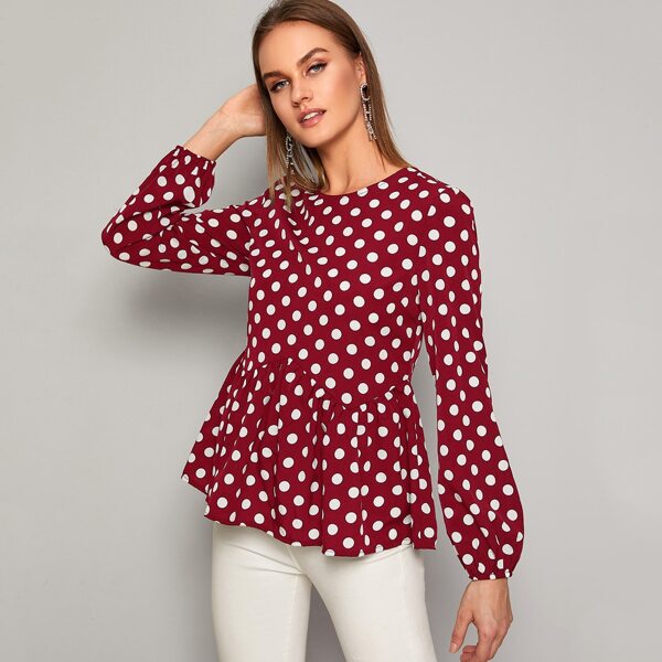 

Polka Dot Ruffle Hem Blouse, Red