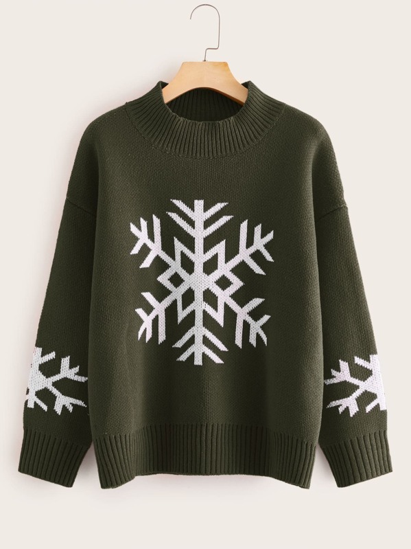 

Christmas Snowflake Print Sweater, Army green