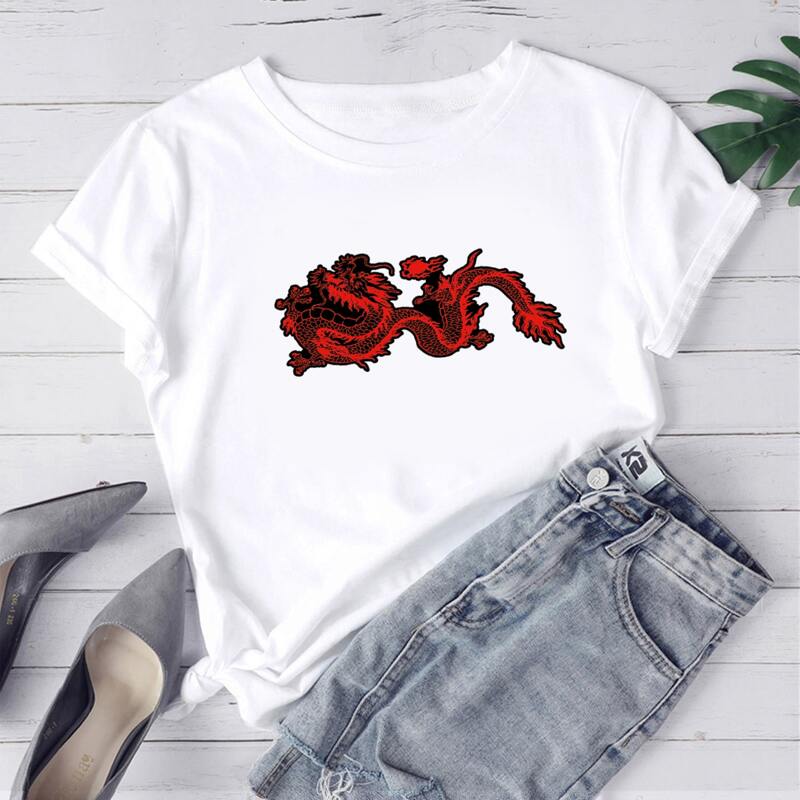 

Dragon Print Rolled Sleeve Tee, White