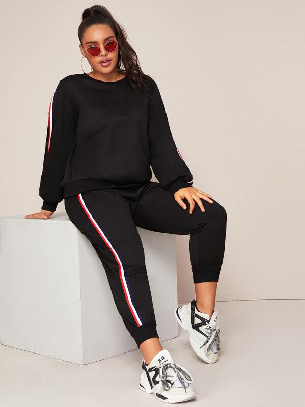 

Plus Tape Panel Sweatshirt & Sweatpants Set, Black, Emilie