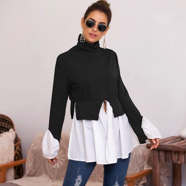 

Color-Block Ruffle Hem High Neck Tee, Black and white