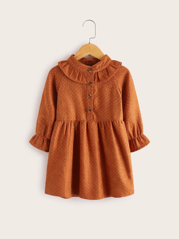 

Toddler Girls Polka Dot Ruffle Trim Smock Dress, Camel