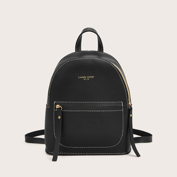 

Pocket Front Letter Detail Backpack, Black