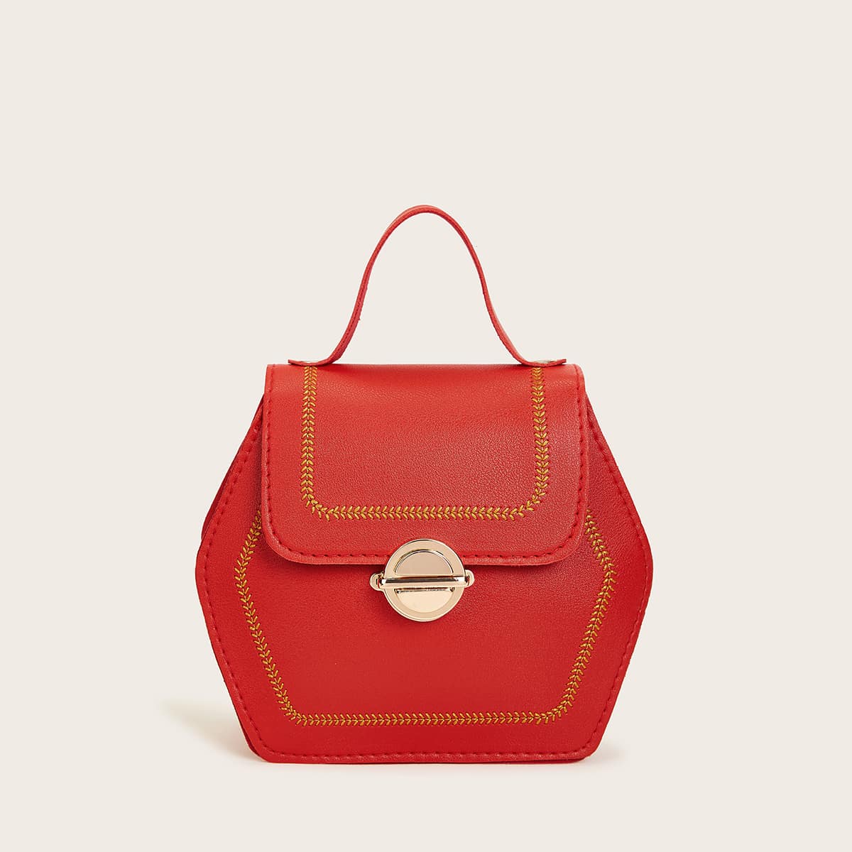 

Metal Lock Stitch Detail Satchel Bag, Red