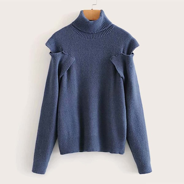 

Rib-Knit Cold Shoulder Sweater, Navy