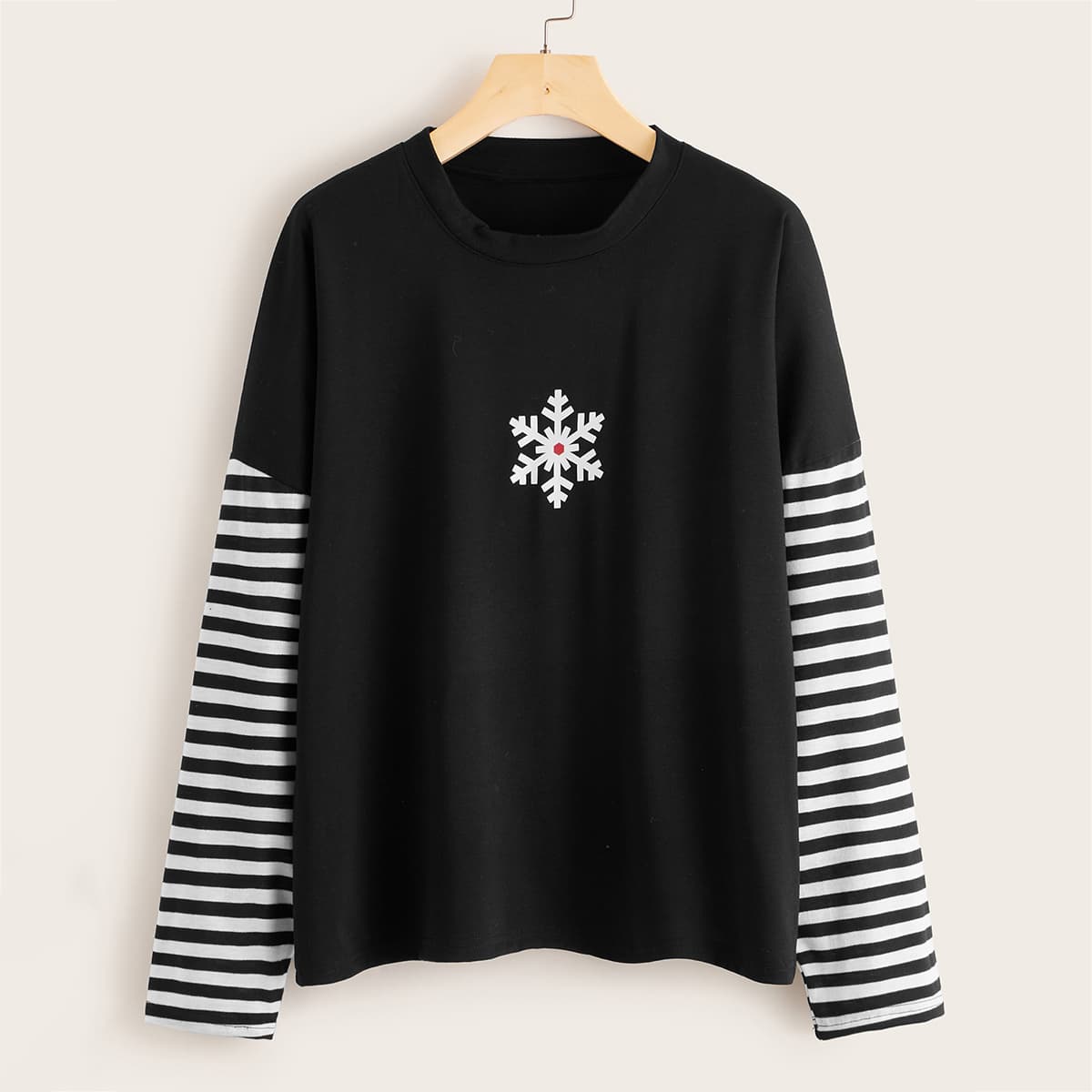 

Christmas Snowflake Print Striped Panel Tee, Black
