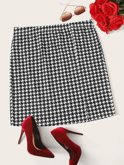 Plus Houndstooth Print Straight Skirt