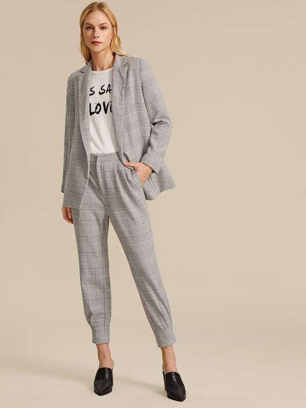 

Notch Collar Glen Plaid Blazer and Buttoned Hem Pants Set, Grey, Denisa