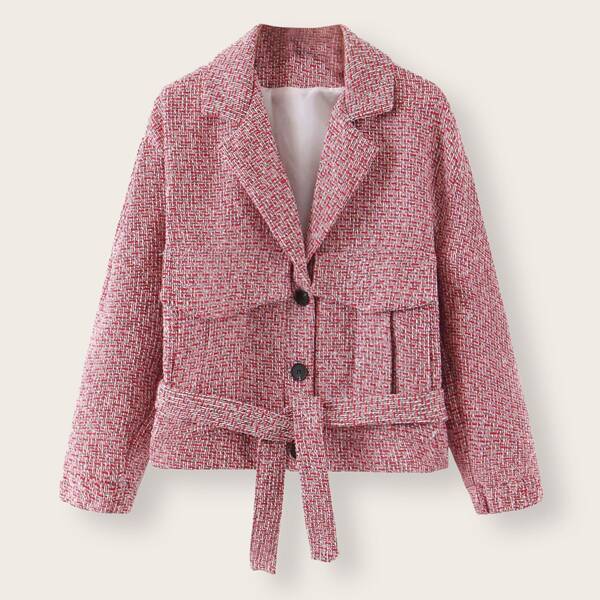 

Lapel Collar Space Dye Belted Jacket, Pink