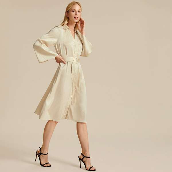 

Jacquard Satin Belted Shirt Dress, Beige