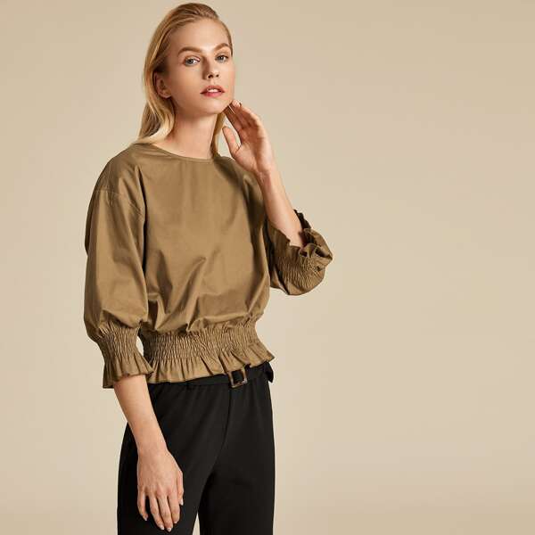 

Frill Trim Shirred Panel Solid Top, Khaki