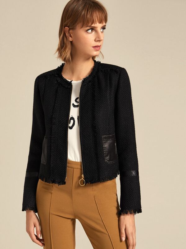 

Zip Up Raw Hem Tweed Jacket, Black, Margo