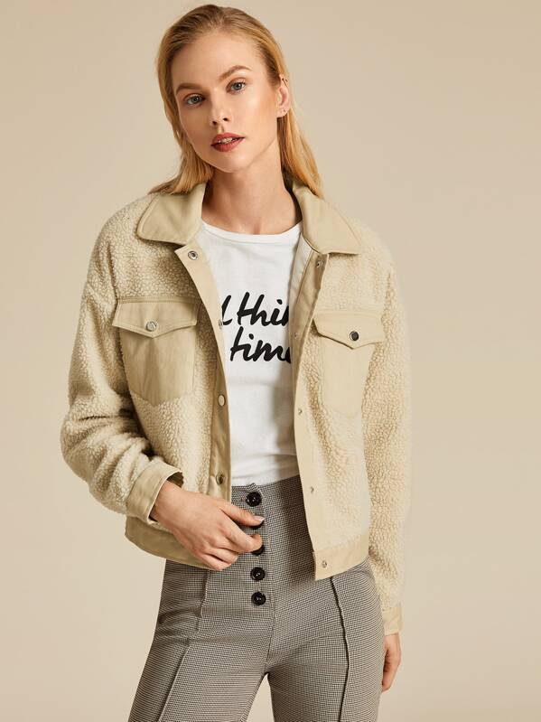 

Button Up Teddy Trucker Jacket, Beige, Denise