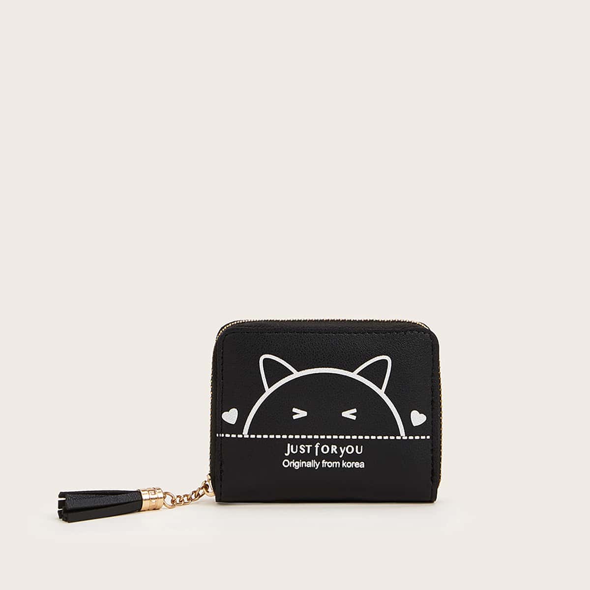 

Tassel Decor Letter Graphic Purse, Black
