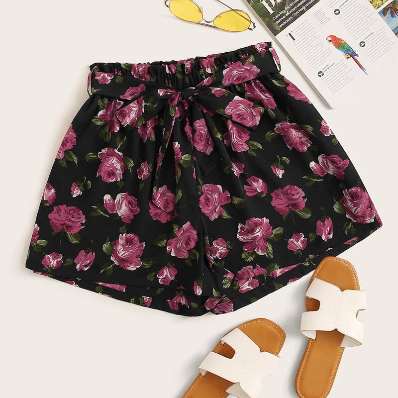 

Floral Print Belted Wide Leg Chiffon Shorts, Black
