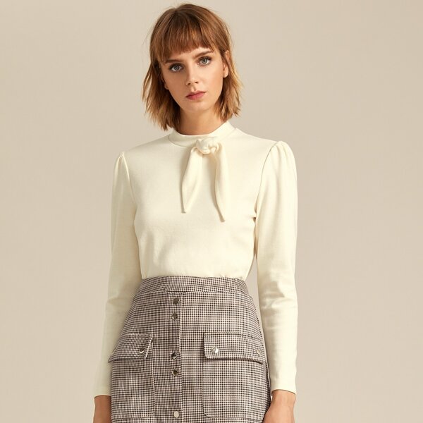 

Tie Neck Solid Top, Beige