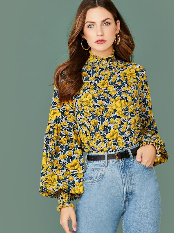 

Bishop Sleeve Shirred Neckline Floral Print Top, Multicolor, Zorana