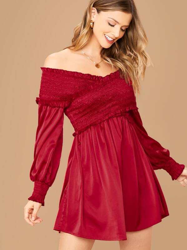 

Frill Trim Shirred Cross Wrap Front Off Shoulder Satin Dress, Burgundy, Marina Laswick