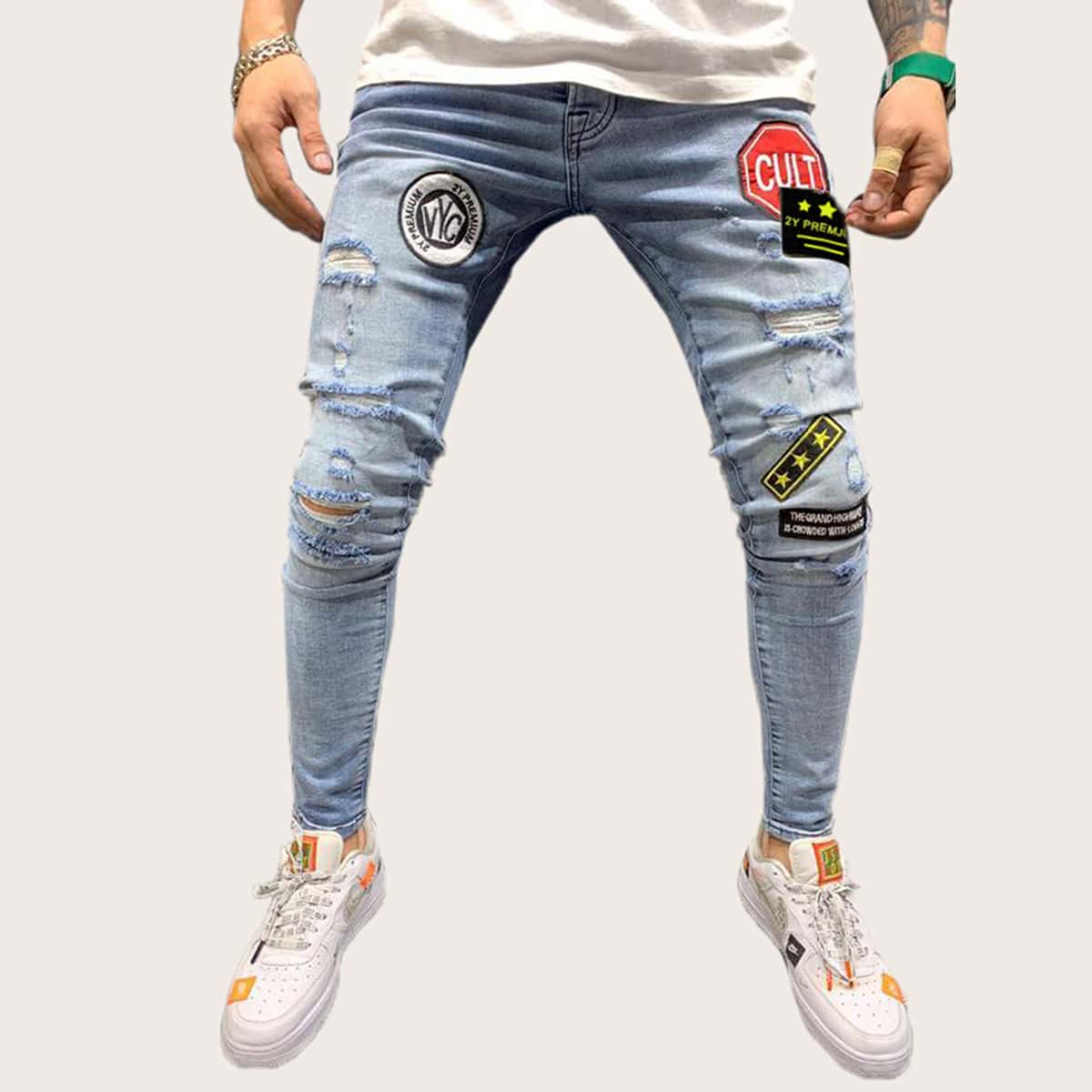 

Guys Letter Patched Ripped Jeans, Blue