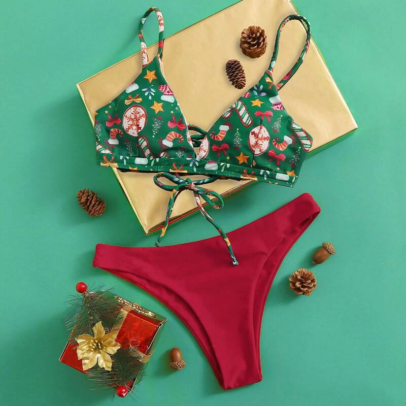 

Christmas Print Top With High Cut Bikini Set, Multicolor