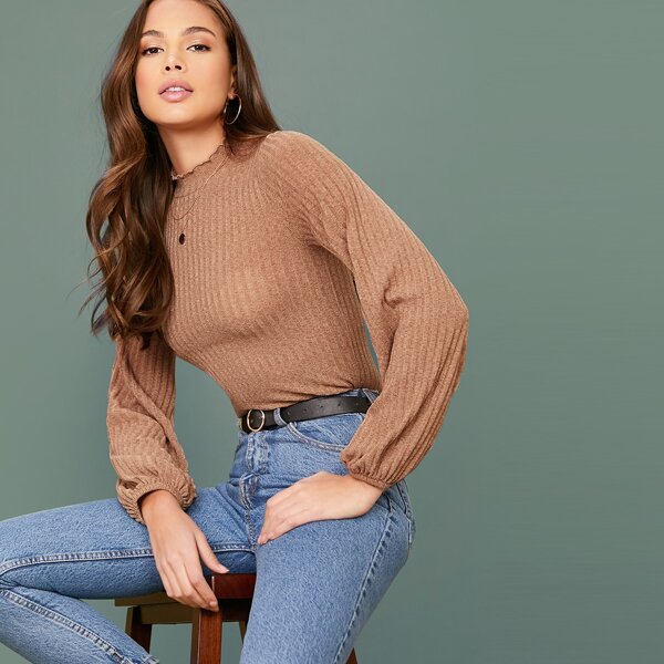 

Lettuce Trim Lantern Sleeve Rib-knit Crop Tee, Nude