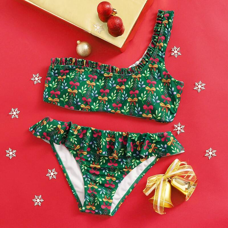 

Christmas Tree Print Ruffle One Shoulder Bikini Set, Green