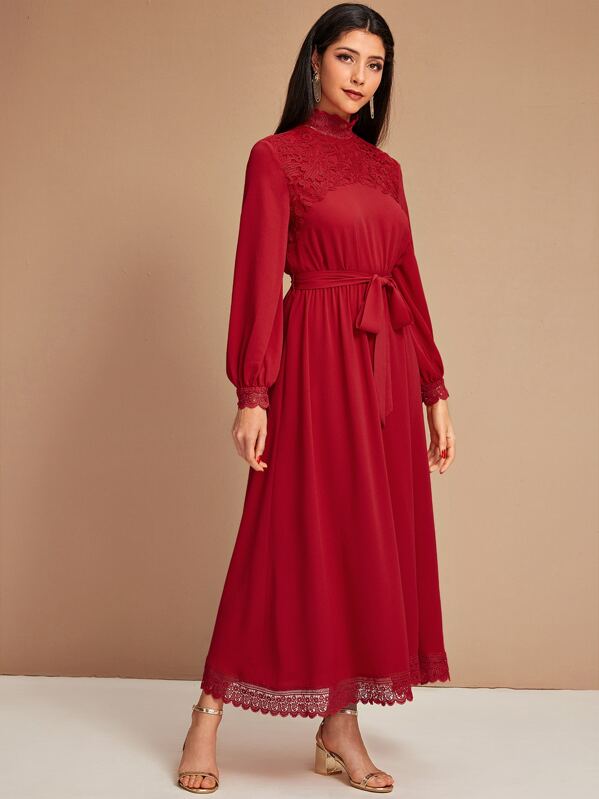 

Guipure Lace Trim Lantern Sleeve Self Belted Dress, Red, Taina