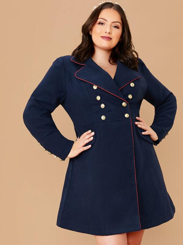 

Plus Notched Collar Double Breasted Flared Coat, Navy, Marcelle Pallais