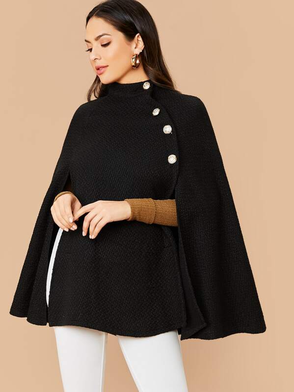 

Mock-Neck Buttoned Front Tweed Cape Coat, Black, Christen Harper