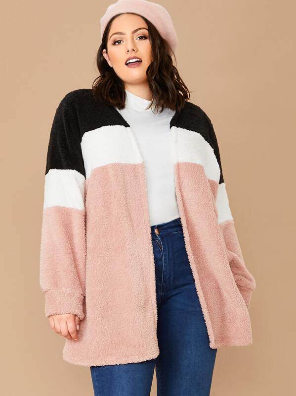 

Plus Open Front Colorblock Teddy Coat, Multicolor, Marcelle Pallais