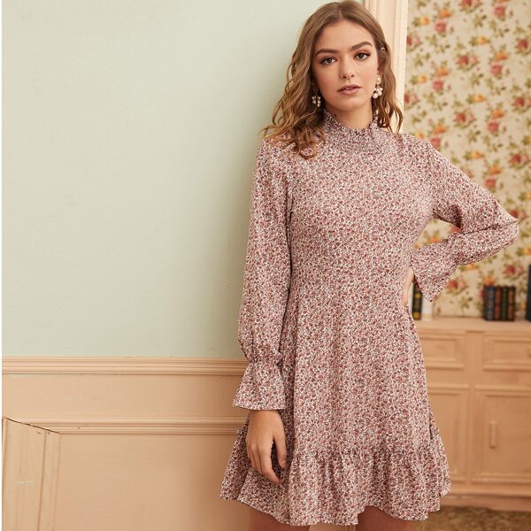 

Ditsy Floral Shirred Mock Neck Dress, Multicolor