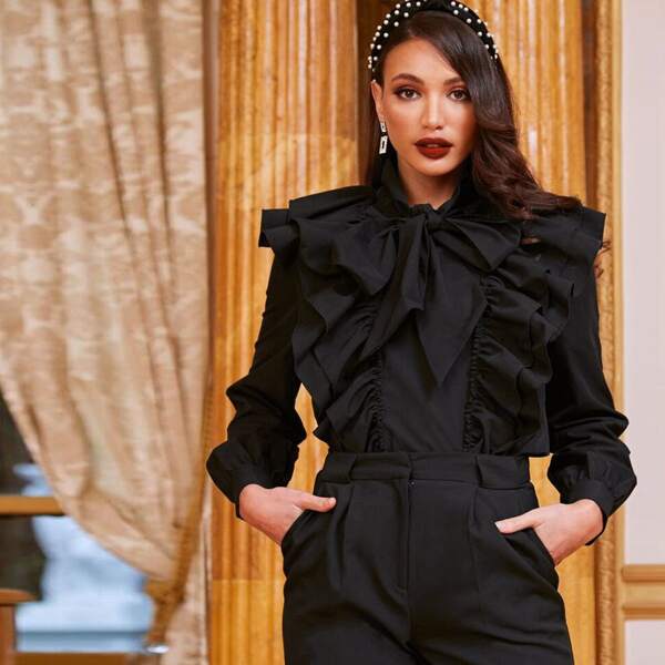 

Tie Neck Exaggerated Ruffle Trim Blouse, Black