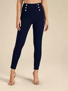 SHEIN Privé Wide Waistband Double Button Skinny Trousers - Navy Blue - View 1