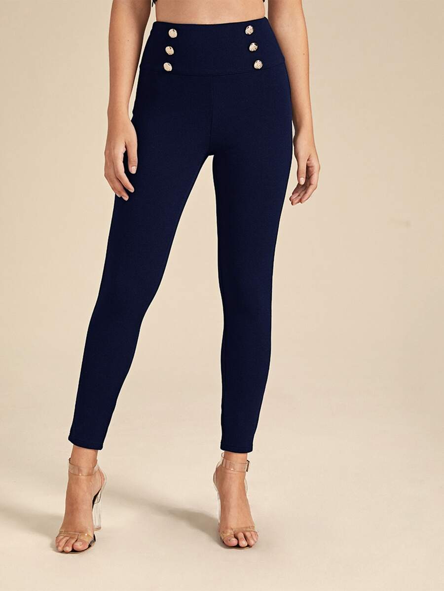 SHEIN Privé Wide Waistband Double Button Skinny Trousers - Navy Blue - View 1