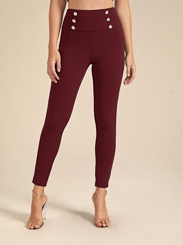 

Wide Waistband Double Button Skinny Pants, Burgundy, Luiza