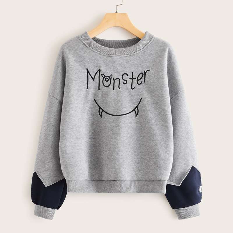 

Cut And Sew Sleeve Cartoon Graphic Sweatshirt, Grey