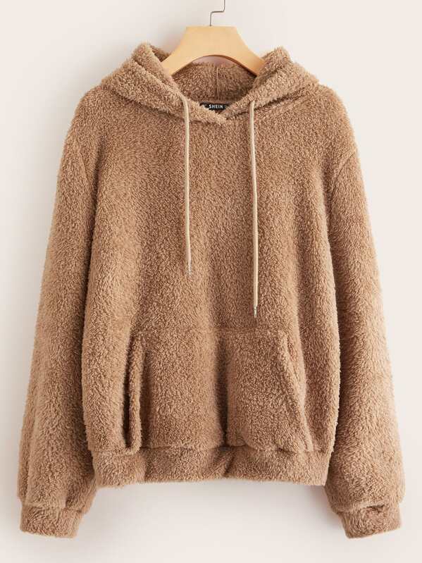 

Plus Drawstring Detail Pocket Teddy Hoodie, Camel, Marcelle Pallais