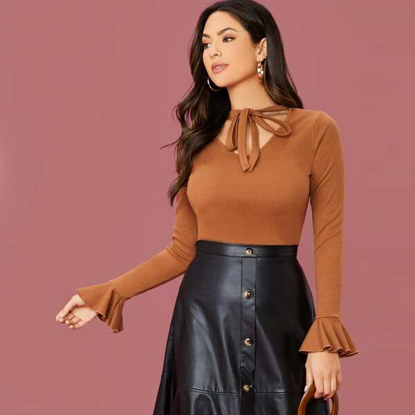 

Tie Neck Flounce Sleeve Rib-knit Top, Camel