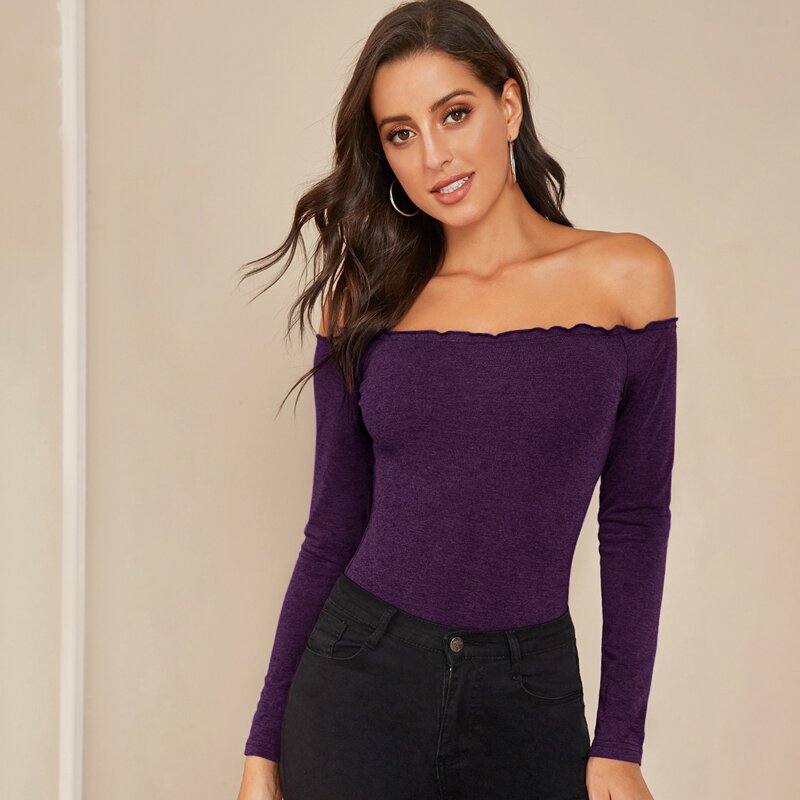 

Off Shoulder Lettuce Trim Top, Purple