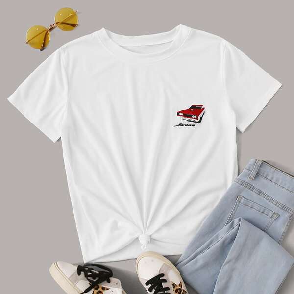

Car And Letter Graphic Tee, White