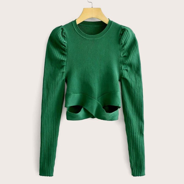 

Cut Out Puff Sleeve Slim Sweater, Green