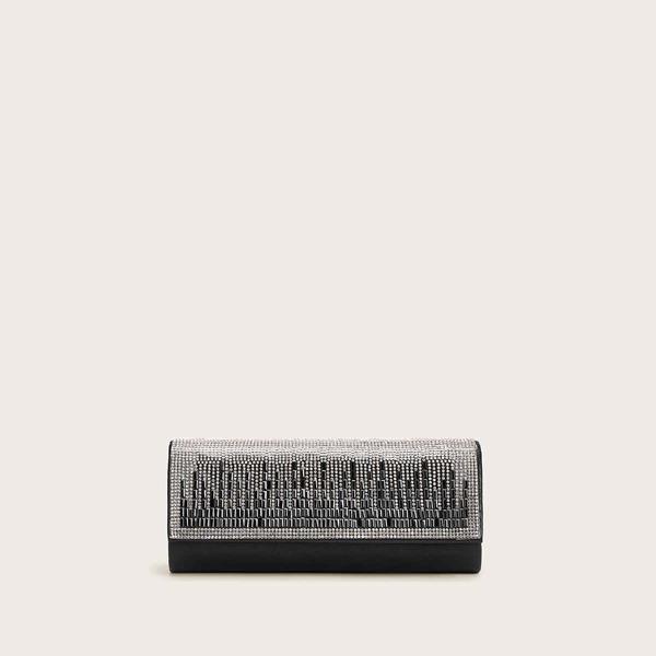

Rhinestone Decor Flap Clutch Bag, Black