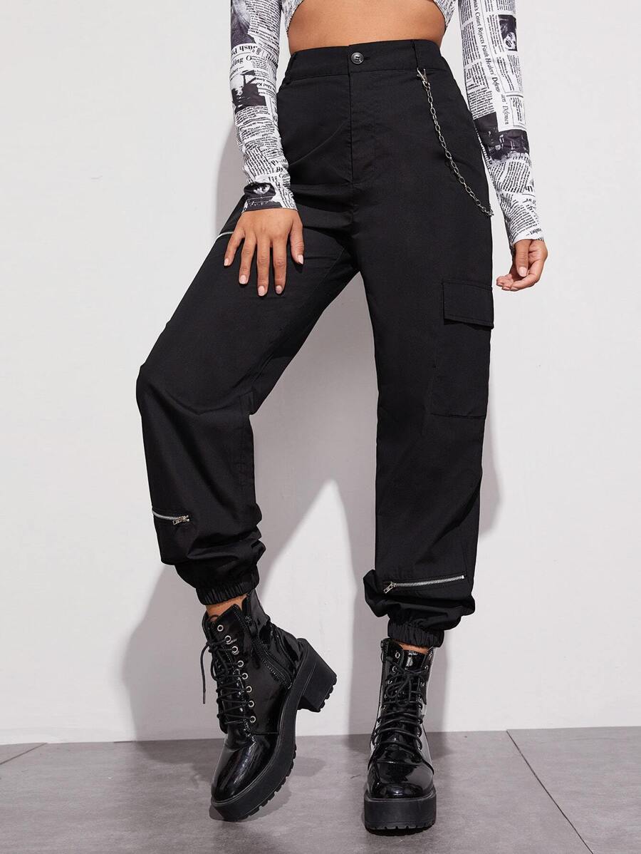 Pantalones cargo con diseño de cremallera con cadena - Negro - Ver 1