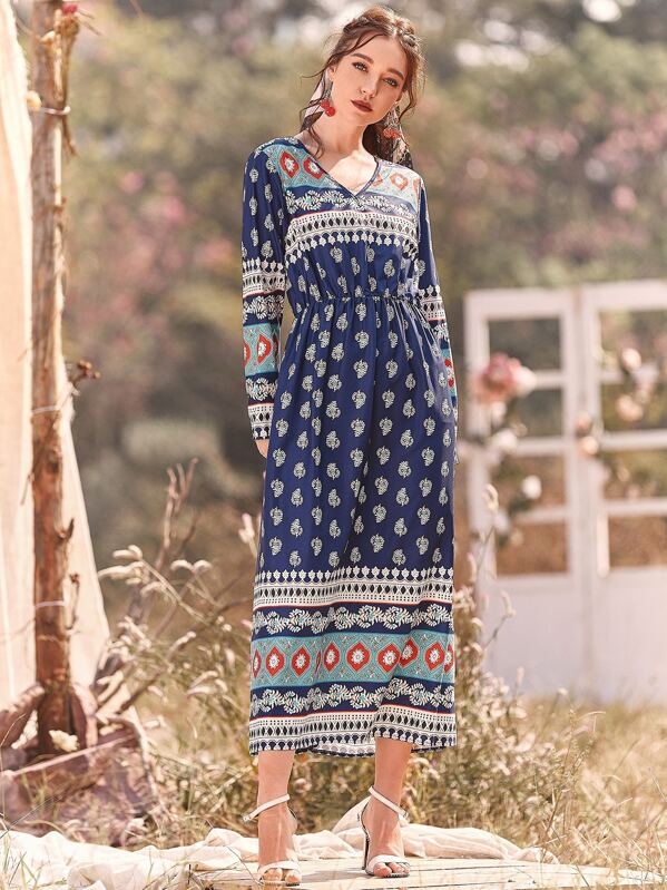 

Tribal Print V-Neck Drawstring Waist Dress, Navy, Poli