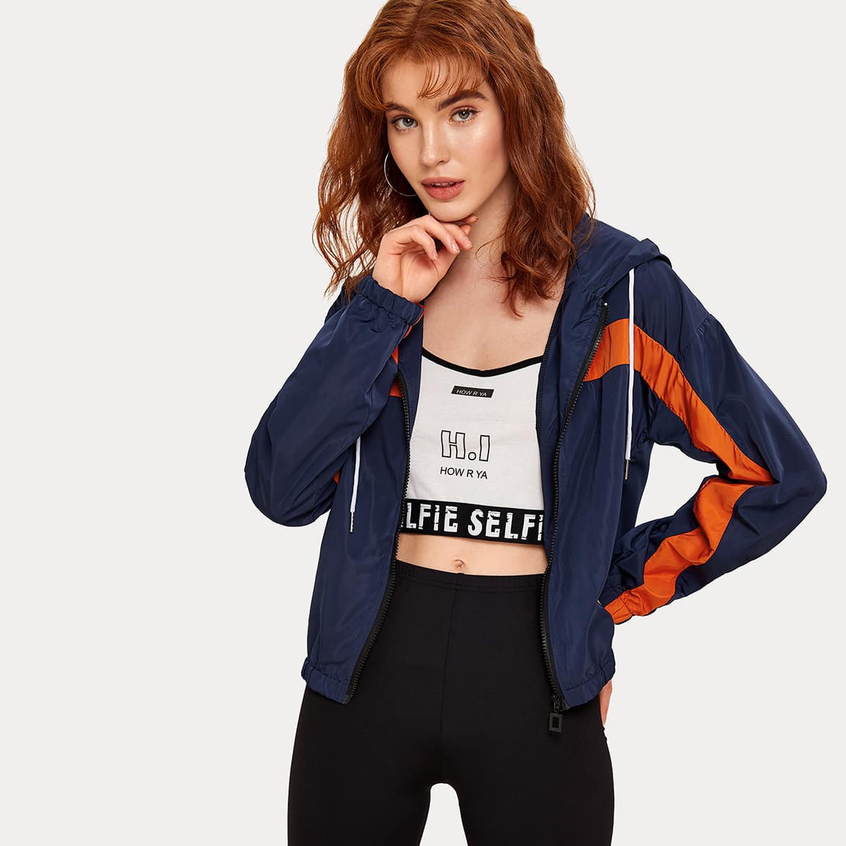 

Contrast Panel Zip-up Windbreaker Jacket, Navy
