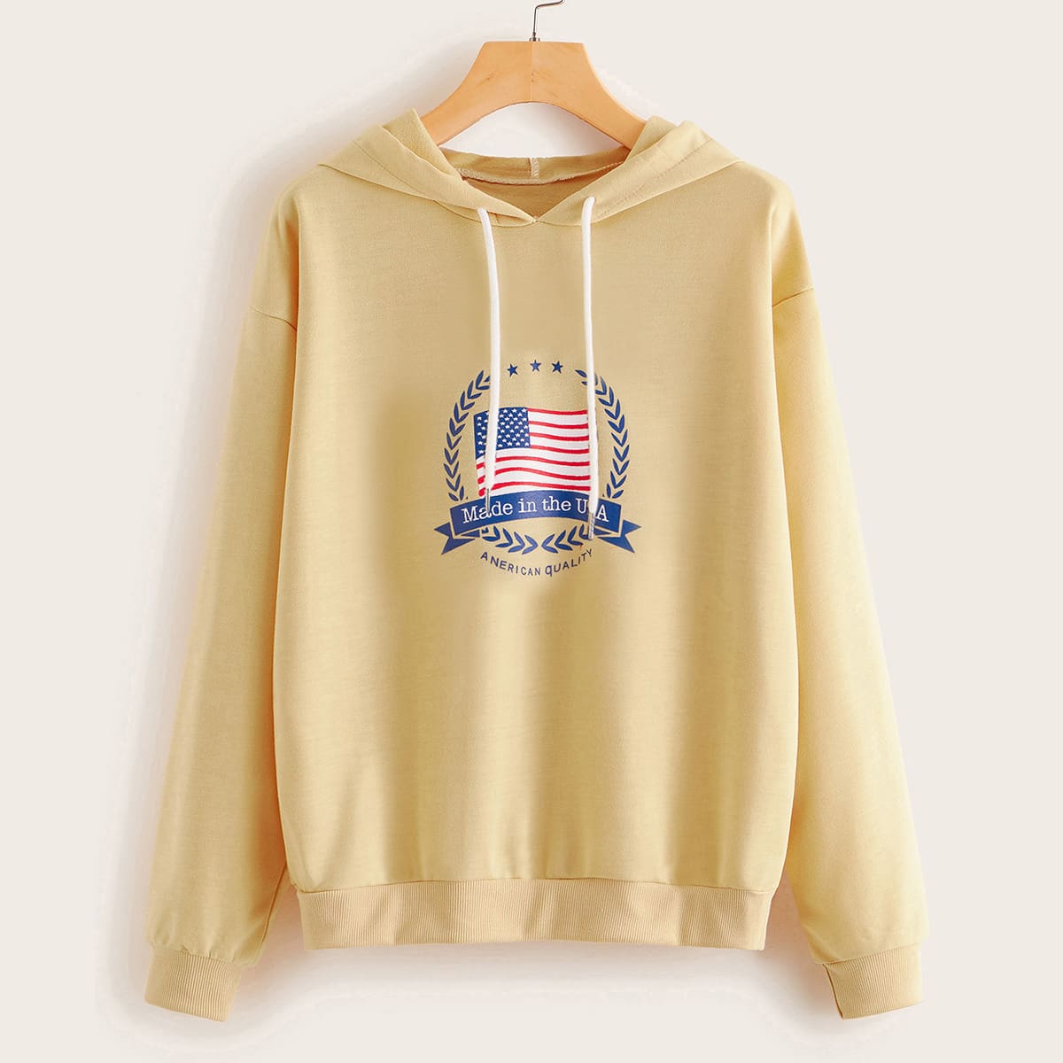 

Flag & Letter Graphic Drawstring Hoodie, Beige